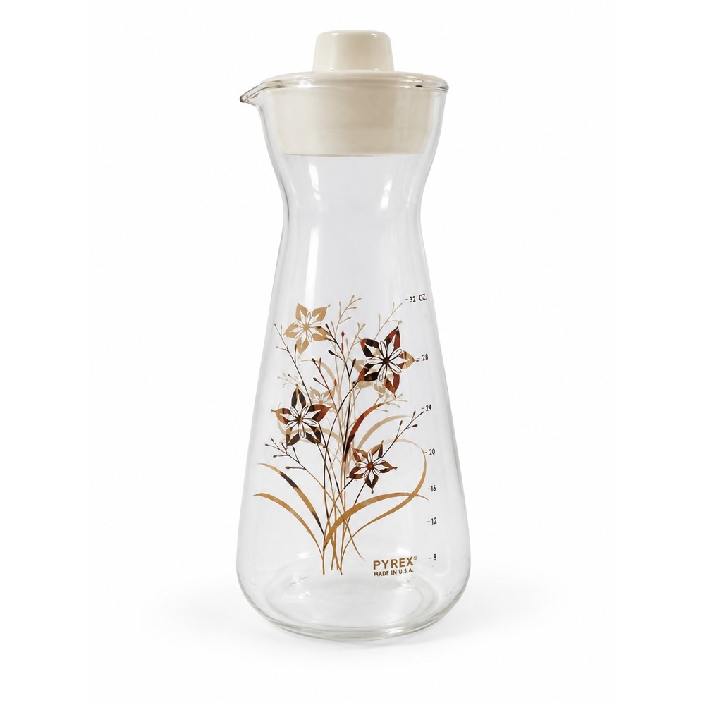 Vintage PYREX 32 Oz Carafe Gold Brown Floral Glass Pitcher Cream Lid MCM